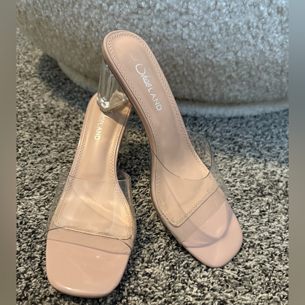 Shoe Land Women's Clear Strap Pink Block Heel Mules
